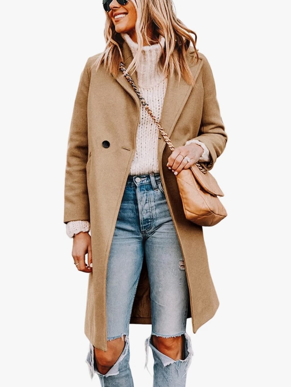 Women's Wool Blend Pea Coat Long Trench Coats Jackets Double Breasted Camel Tan